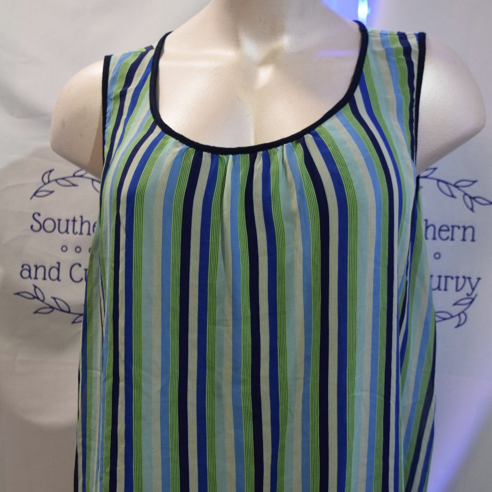 ChaCha Vente striped sheer tank overlay with navy lining. 3x
